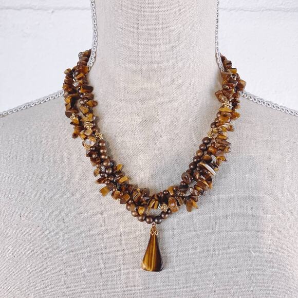 VTG Tiger's Eye Chip Bead Necklace Multi Strand 80s Gemstone Boho Jewelry 17" - Picture 2 of 11